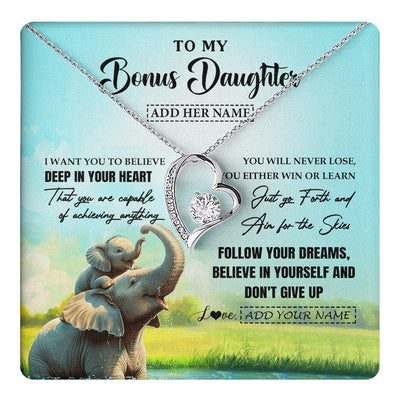 Forever Love Necklace 14K White Gold Finish | 1 | Personalized To My Bonus Daughter Gifts From Stepmom Necklace Don't Give Up Elephant Gifts For Stepdaughter Birthday Graduation Christmas Gift Box Message Card | https://teecentury.