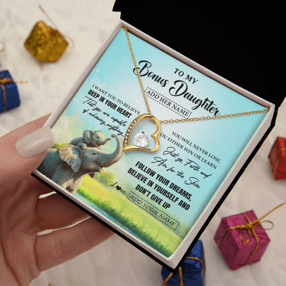 Forever Love Necklace 18K Yellow Gold Finish | 2 | Personalized To My Bonus Daughter Gifts From Stepmom Necklace Don't Give Up Elephant Gifts For Stepdaughter Birthday Graduation Christmas Gift Box Message Card | https://teecentury.