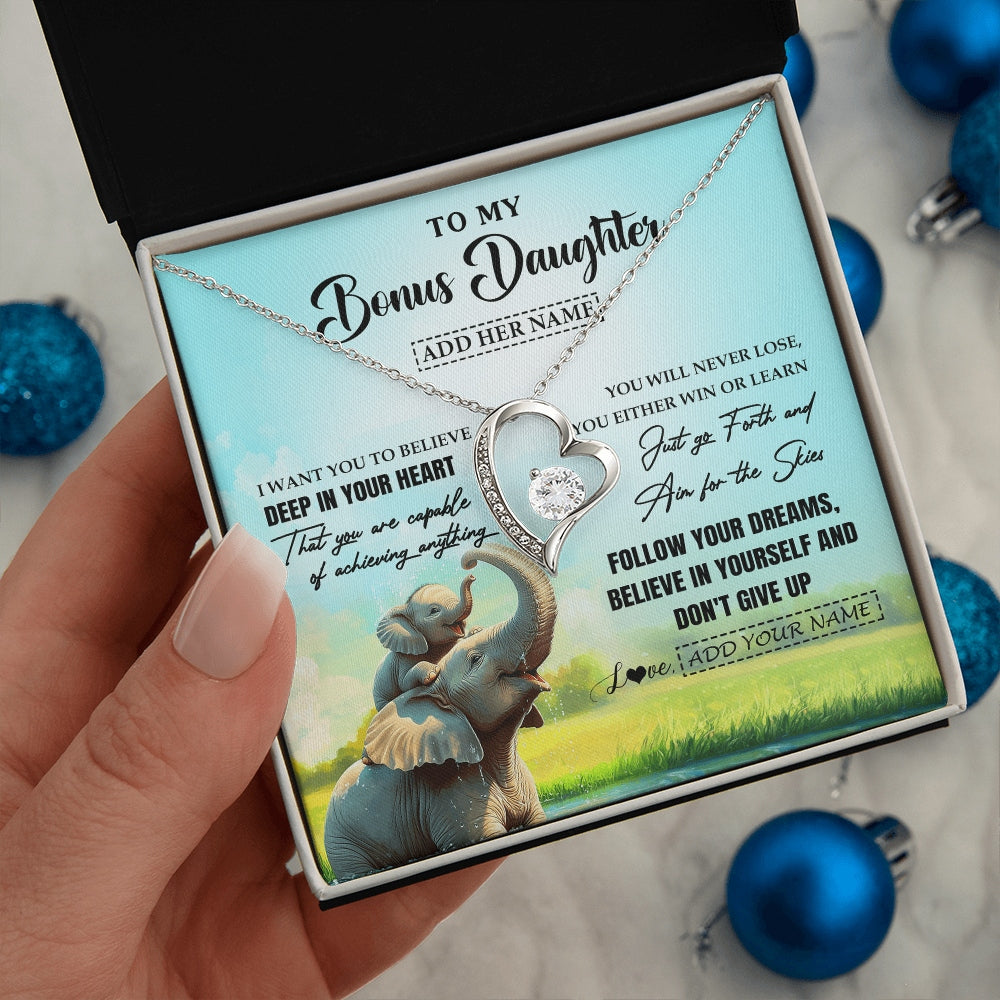 Forever Love Necklace 14K White Gold Finish | 2 | Personalized To My Bonus Daughter Gifts From Stepmom Necklace Don't Give Up Elephant Gifts For Stepdaughter Birthday Graduation Christmas Gift Box Message Card | https://teecentury.