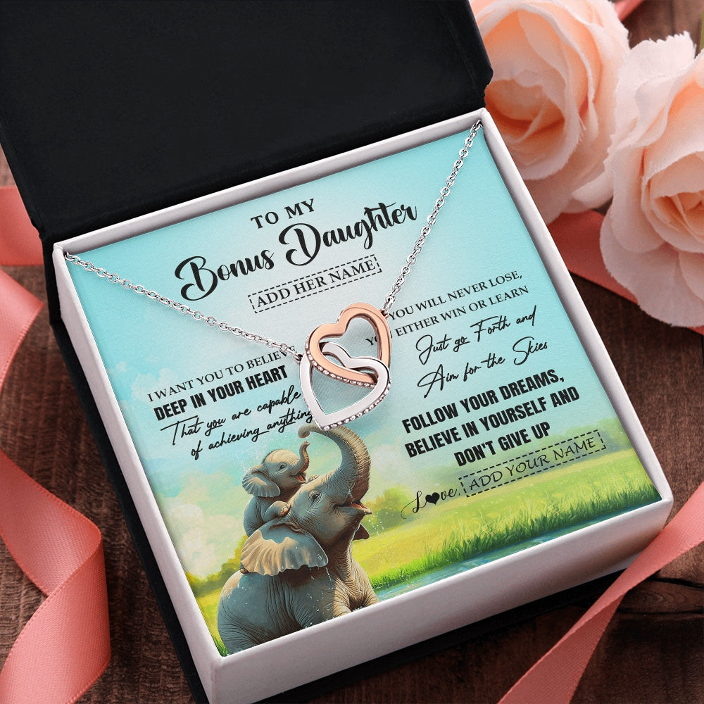 Interlocking Hearts Necklace Stainless Steel & Rose Gold Finish | 2 | Personalized To My Bonus Daughter Gifts From Stepmom Necklace Don't Give Up Elephant Gifts For Stepdaughter Birthday Graduation Christmas Gift Box Message Card | https://teecentury.