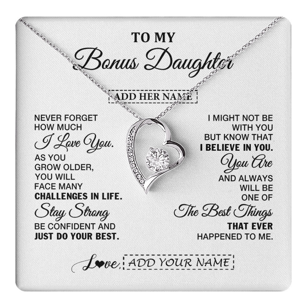 Forever Love Necklace 14K White Gold Finish | 1 | Personalized To My Bonus Daughter Gifts From Stepmom Necklace I Love You Thoughtful Keepsake Gift Stepdaughter Birthday Christmas Custom Gift Box Message Card | https://teecentury.