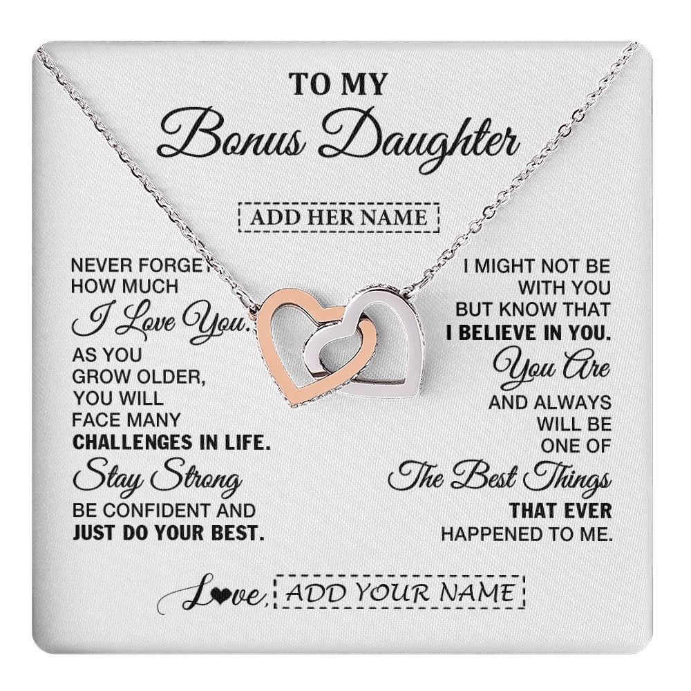 Interlocking Hearts Necklace Stainless Steel & Rose Gold Finish | 1 | Personalized To My Bonus Daughter Gifts From Stepmom Necklace I Love You Thoughtful Keepsake Gift Stepdaughter Birthday Christmas Custom Gift Box Message Card | https://teecentury.