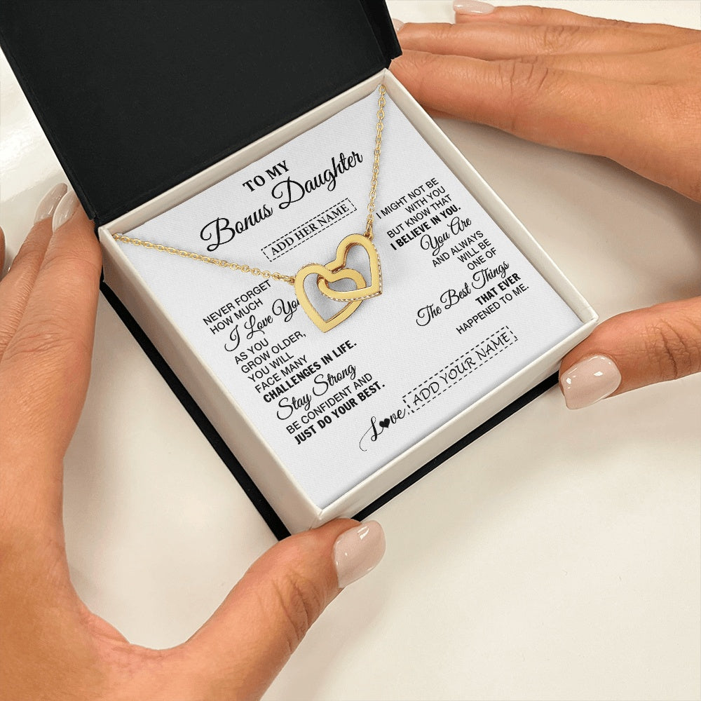 Interlocking Hearts Necklace 18K Yellow Gold Finish | 2 | Personalized To My Bonus Daughter Gifts From Stepmom Necklace I Love You Thoughtful Keepsake Gift Stepdaughter Birthday Christmas Custom Gift Box Message Card | https://teecentury.