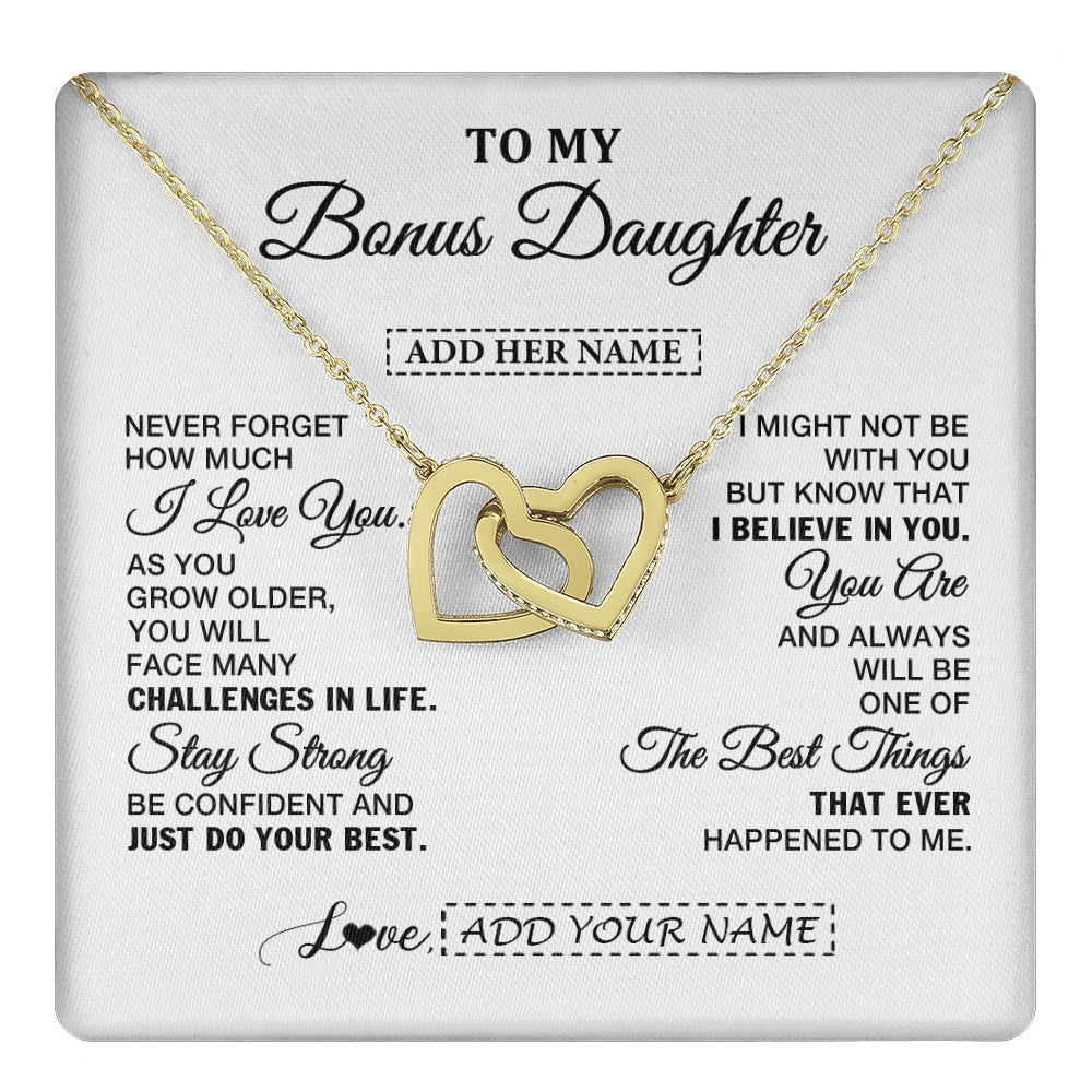 Interlocking Hearts Necklace 18K Yellow Gold Finish | 1 | Personalized To My Bonus Daughter Gifts From Stepmom Necklace I Love You Thoughtful Keepsake Gift Stepdaughter Birthday Christmas Custom Gift Box Message Card | https://teecentury.