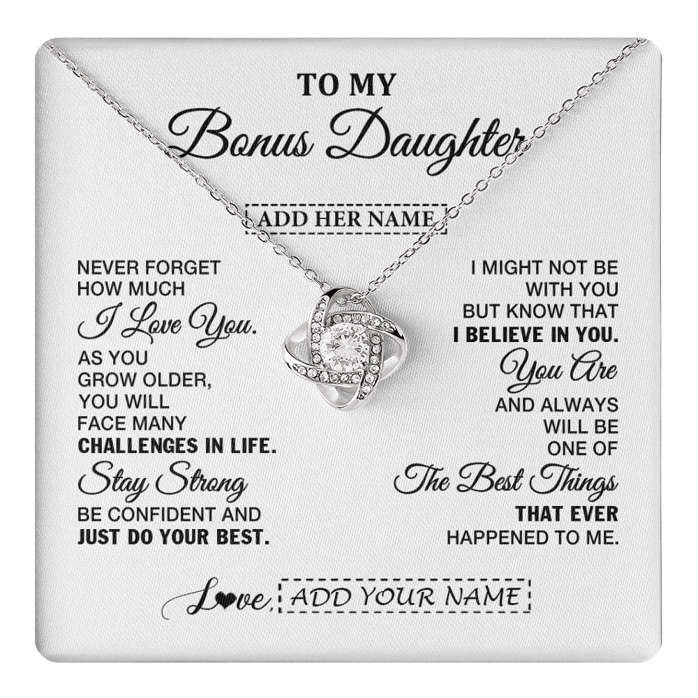 Love Knot Necklace 14K White Gold Finish | 1 | Personalized To My Bonus Daughter Gifts From Stepmom Necklace I Love You Thoughtful Keepsake Gift Stepdaughter Birthday Christmas Custom Gift Box Message Card | https://teecentury.