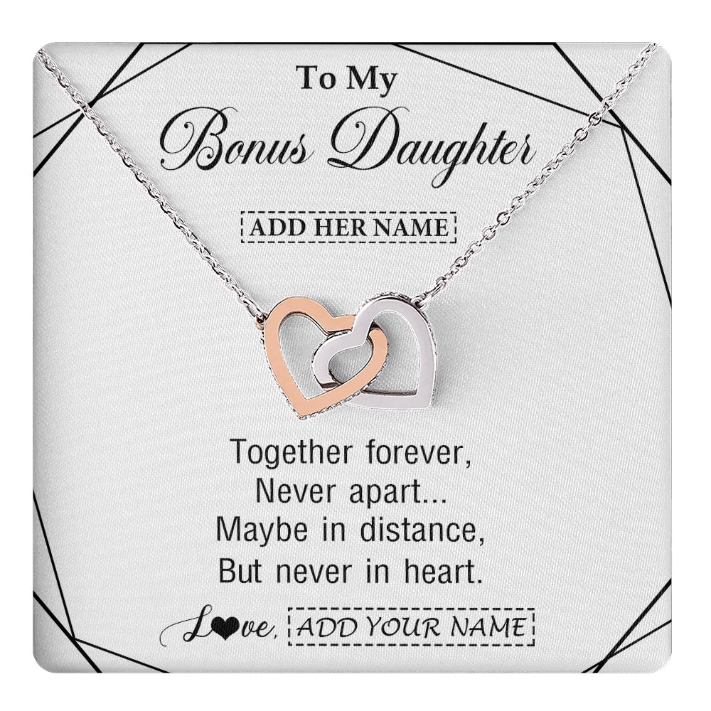 Interlocking Hearts Necklace Stainless Steel & Rose Gold Finish | 1 | Personalized To My Bonus Daughter Gifts From Stepmom Necklace Together Forever With Heartfelt Message Stepdaughter Birthday Christmas Gift Box Message Card | https://teecentury.