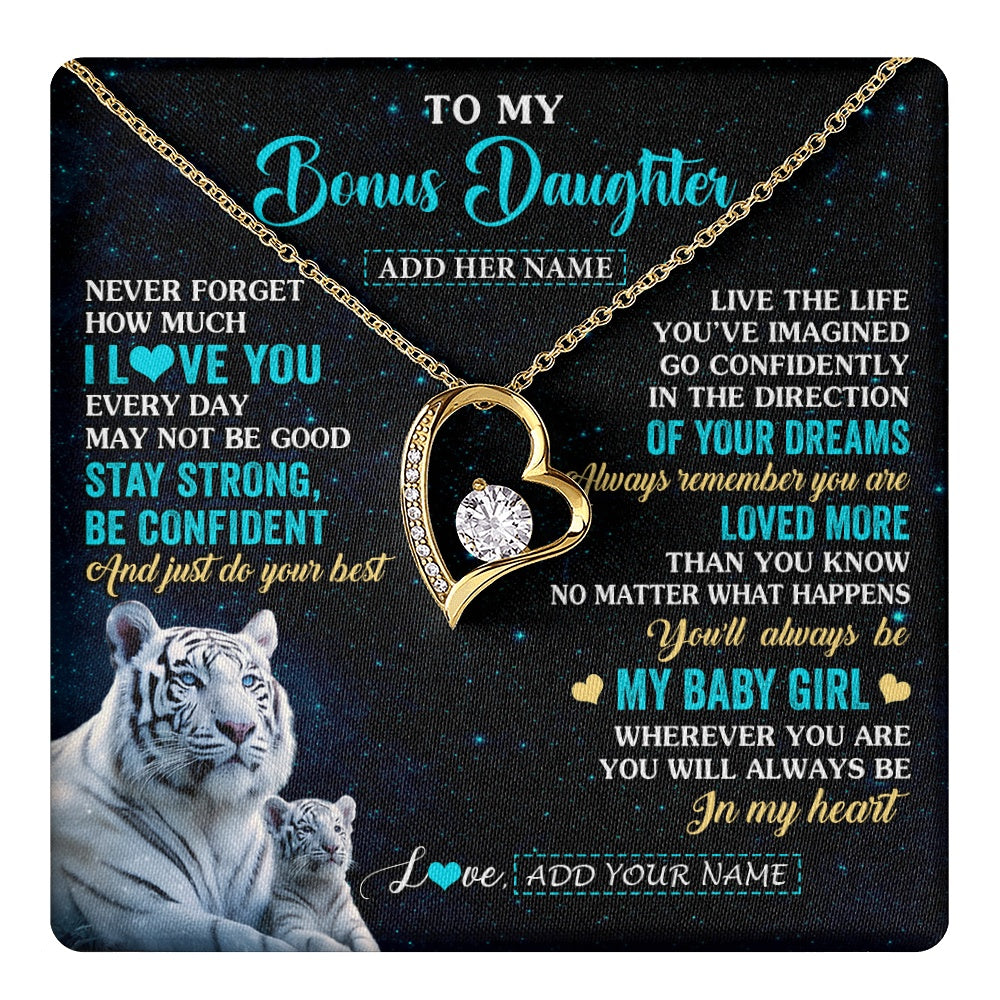Forever Love Necklace 18K Yellow Gold Finish | 1 | Personalized To My Bonus Daughter Gifts From Stepmom Necklace White Tiger Never Forget How Much I Love You Stepdaughter Birthday Gift Box Message Card | teecentury.myshopify