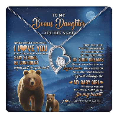 Forever Love Necklace 14K White Gold Finish | 1 | Personalized To My Bonus Daughter Gifts From Stepmom Step Necklace Bear Never Forget How Much I Love You Stepdaughter Birthday Christmas Gift Box Message Card | teecentury.myshopify