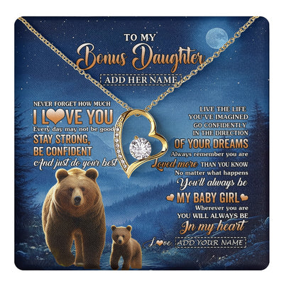 Forever Love Necklace 18K Yellow Gold Finish | 1 | Personalized To My Bonus Daughter Gifts From Stepmom Step Necklace Bear Never Forget How Much I Love You Stepdaughter Birthday Christmas Gift Box Message Card | teecentury.myshopify