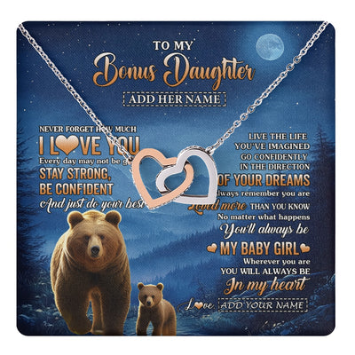 Interlocking Hearts Necklace Stainless Steel & Rose Gold Finish | 1 | Personalized To My Bonus Daughter Gifts From Stepmom Step Necklace Bear Never Forget How Much I Love You Stepdaughter Birthday Christmas Gift Box Message Card | teecentury.myshopify