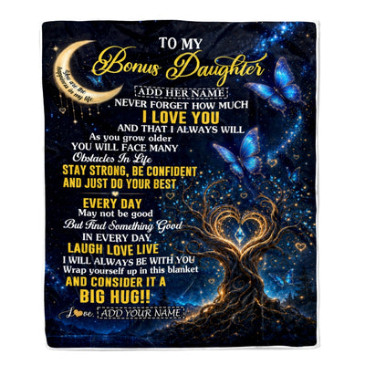 Personalized To My Bonus Daughter Gifts From Stepmom Stepdad Blanket Blue Galaxy Butterfly Moon Birthday Gifts For Stepdaughter Christmas Fleece Blanket | teecentury