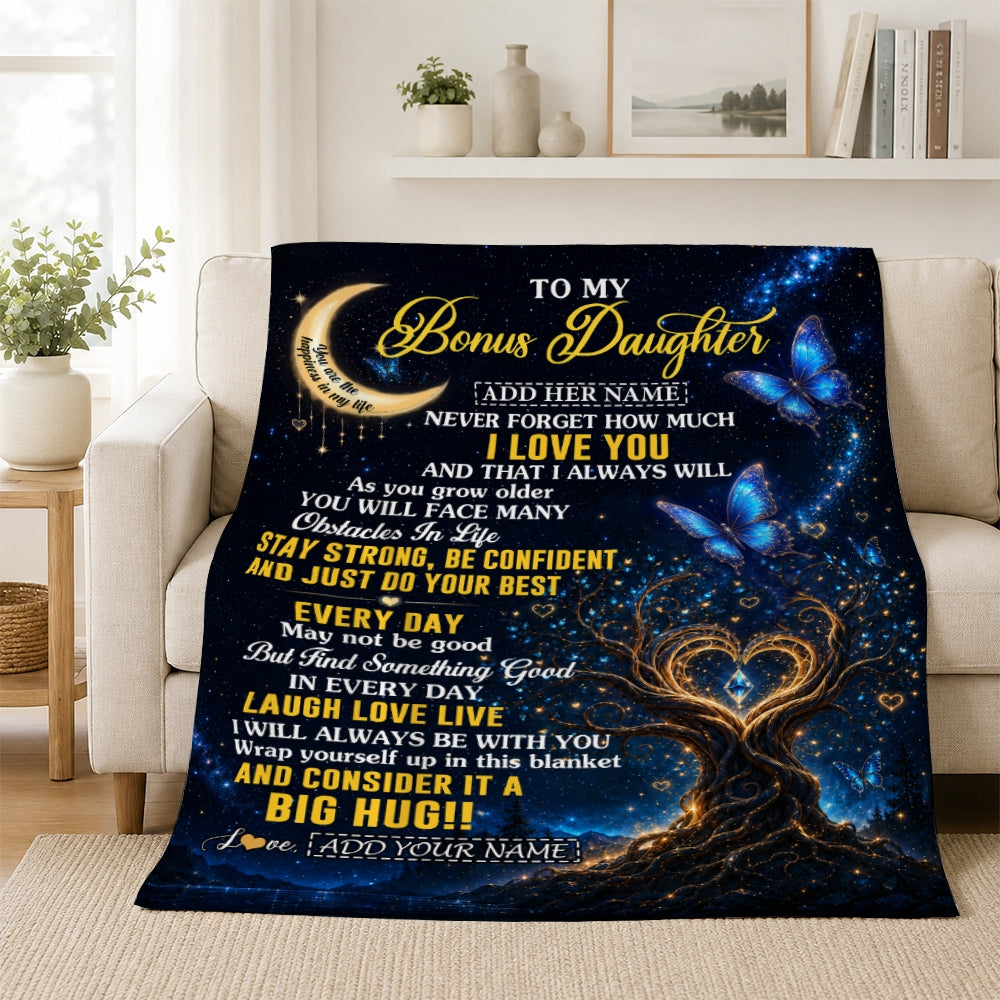 Personalized To My Bonus Daughter Gifts From Stepmom Stepdad Blanket Blue Galaxy Butterfly Moon Birthday Gifts For Stepdaughter Christmas Fleece Blanket | teecentury