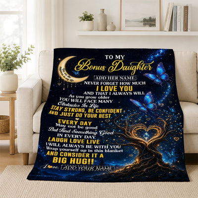 Personalized To My Bonus Daughter Gifts From Stepmom Stepdad Blanket Blue Galaxy Butterfly Moon Birthday Gifts For Stepdaughter Christmas Fleece Blanket | teecentury