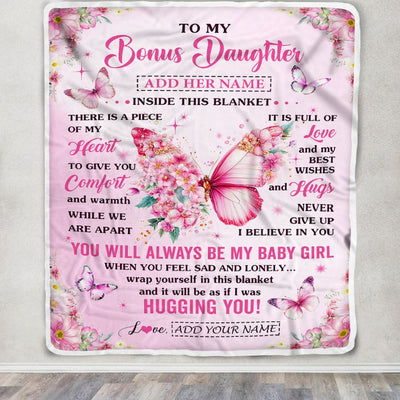 Personalized To My Bonus Daughter Gifts From Stepmom Stepdad Blanket Floral Butterfly Birthday Gifts For Stepdaughter Graduation Christmas Fleece Blanket | teecentury