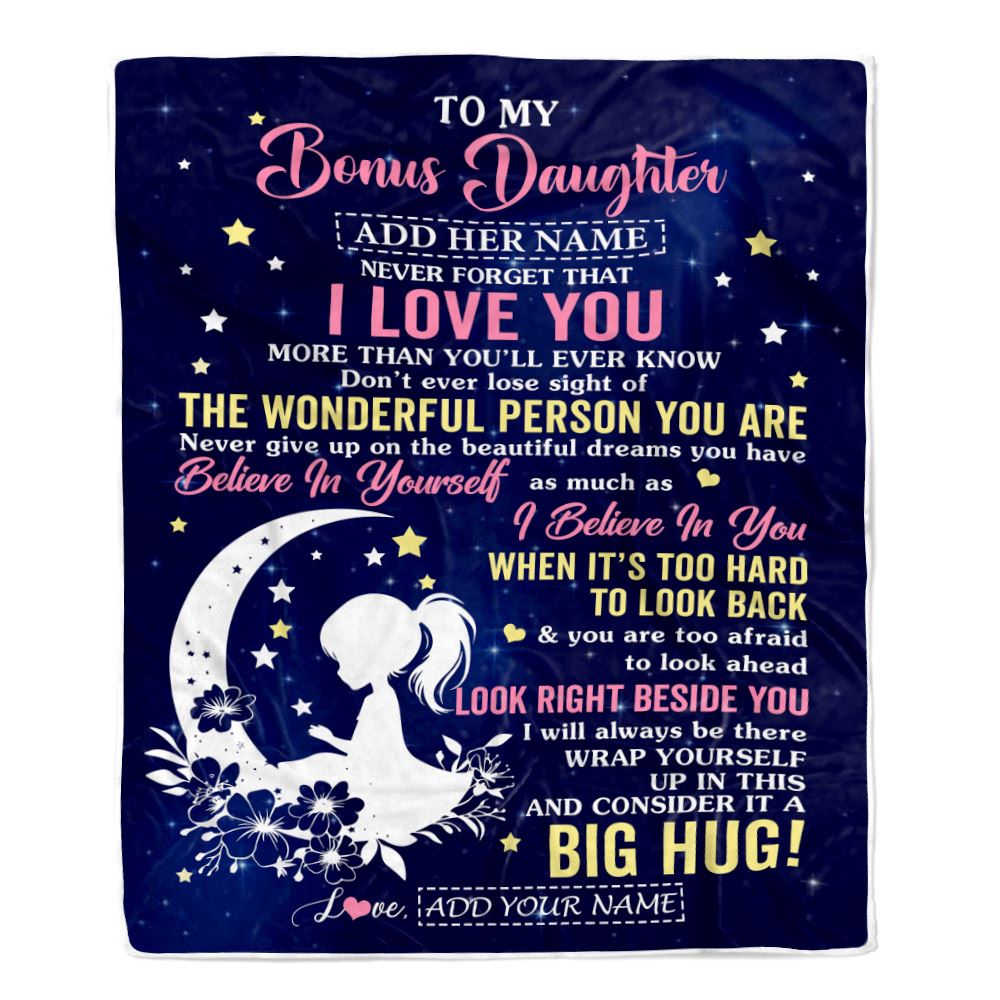 Personalized To My Bonus Daughter Gifts From Stepmom Stepdad Blanket Floral Moon Birthday Gifts For Stepdaughter Graduation Wedding Christmas Fleece Blanket | teecentury