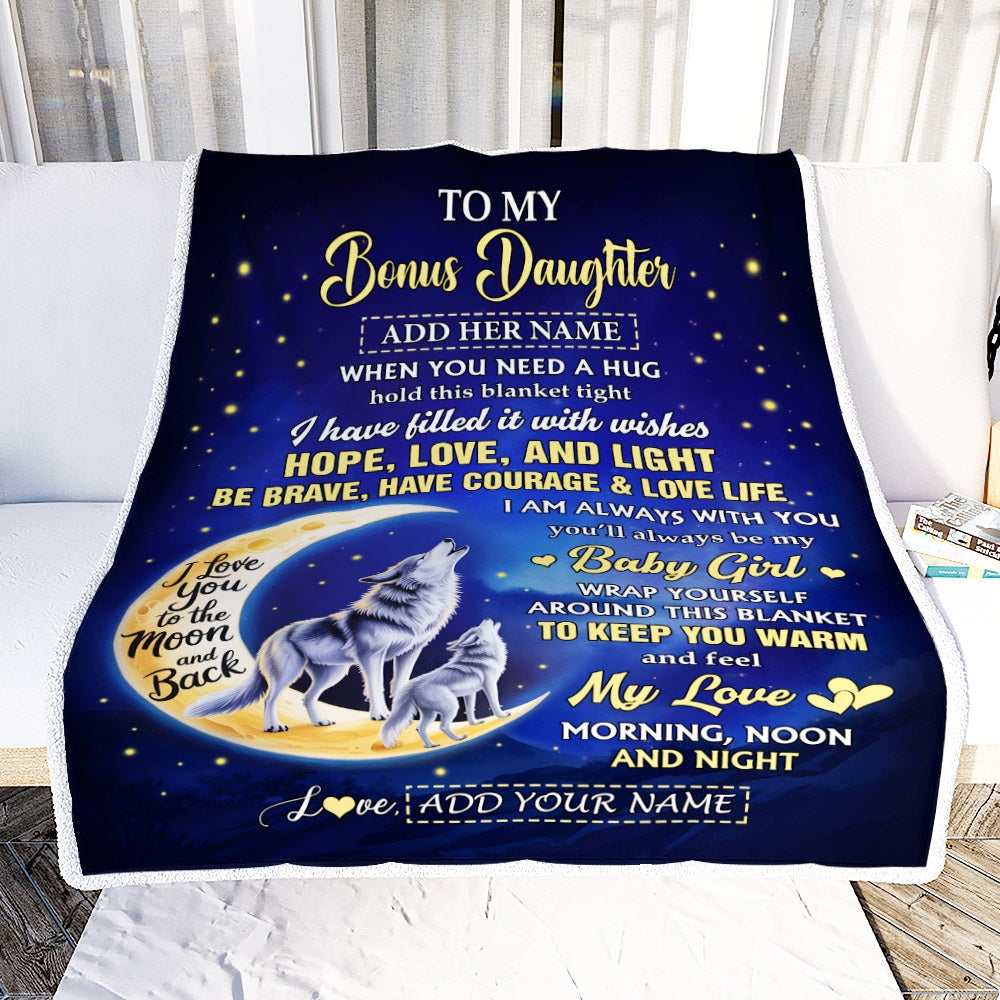 Personalized To My Bonus Daughter Gifts From Stepmom Stepdad Blanket I Love You Moon And Back Wolf Stepdaughter Birthday Gifts Christmas Custom Fleece Blanket | teecentury