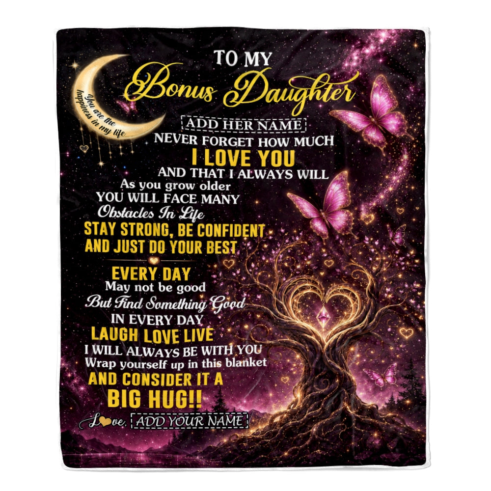 Personalized To My Bonus Daughter Gifts From Stepmom Stepdad Blanket Purple Galaxy Butterfly Moon Birthday Gifts For Stepdaughter Christmas Fleece Blanket | teecentury