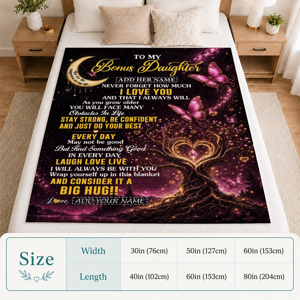 Personalized To My Bonus Daughter Gifts From Stepmom Stepdad Blanket Purple Galaxy Butterfly Moon Birthday Gifts For Stepdaughter Christmas Fleece Blanket | teecentury