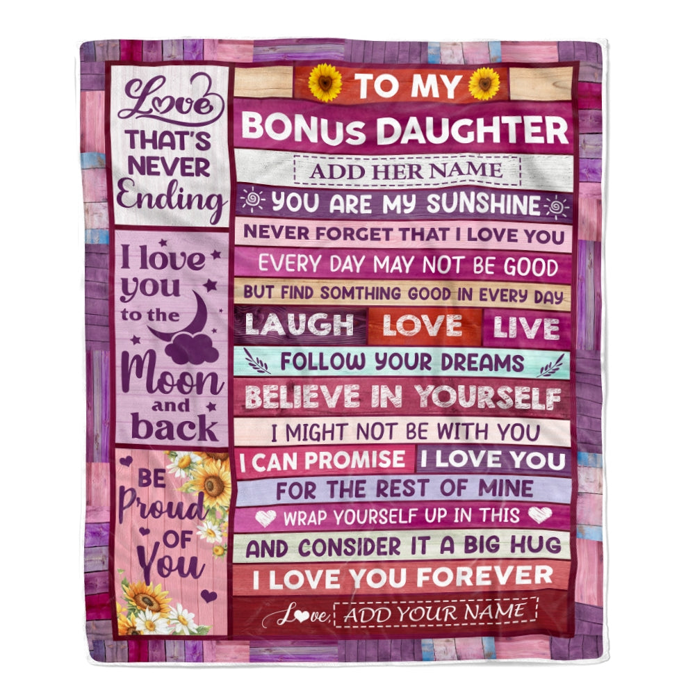 Personalized To My Bonus Daughter Gifts From Stepmom Stepdad Blanket Wood My Sunshine Birthday Gifts For Stepdaughter Valentines Christmas Fleece Blanket | teecentury