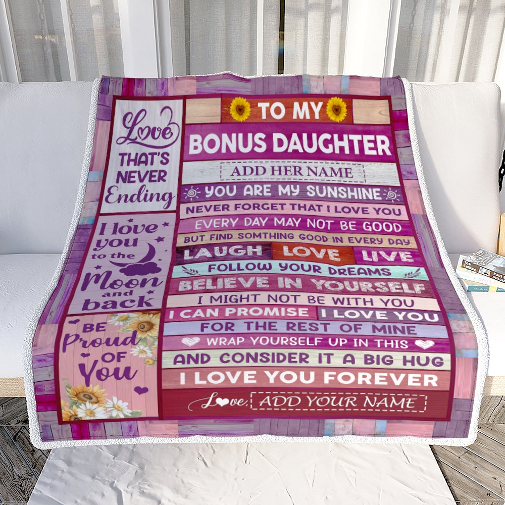 Personalized To My Bonus Daughter Gifts From Stepmom Stepdad Blanket Wood My Sunshine Birthday Gifts For Stepdaughter Valentines Christmas Fleece Blanket | teecentury