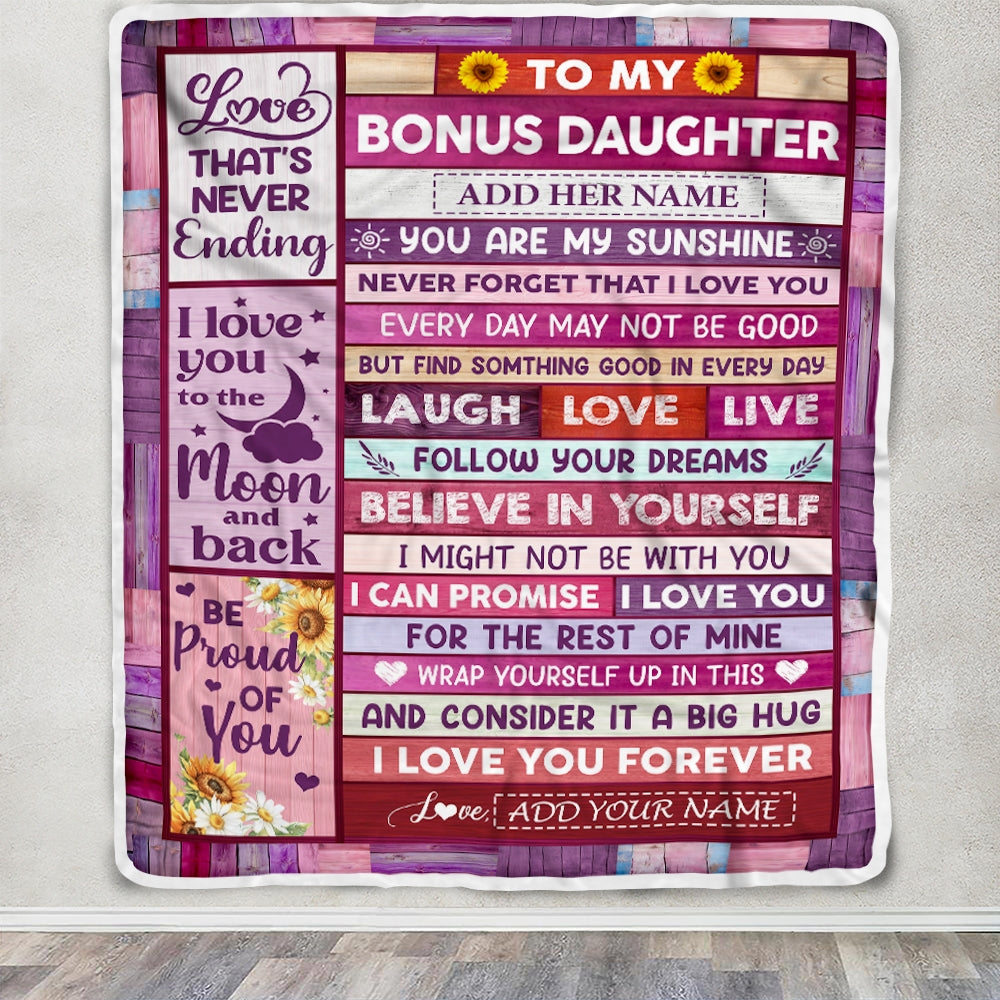 Personalized To My Bonus Daughter Gifts From Stepmom Stepdad Blanket Wood My Sunshine Birthday Gifts For Stepdaughter Valentines Christmas Fleece Blanket | teecentury