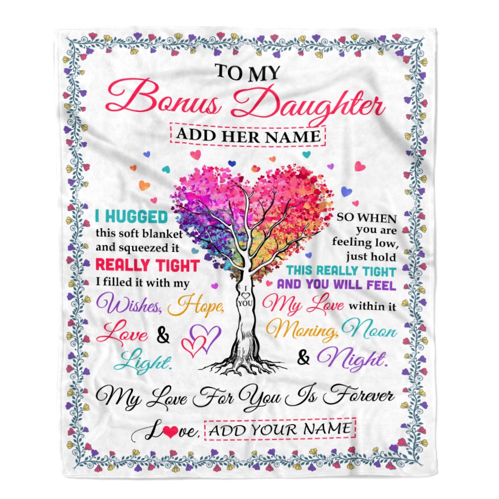 Personalized To My Bonus Daughter Gifts From Stepmom Stepdad Hugged Blanket Birthday Gifts For Stepdaughter Graduation Christmas Fleece Blanket | teecentury