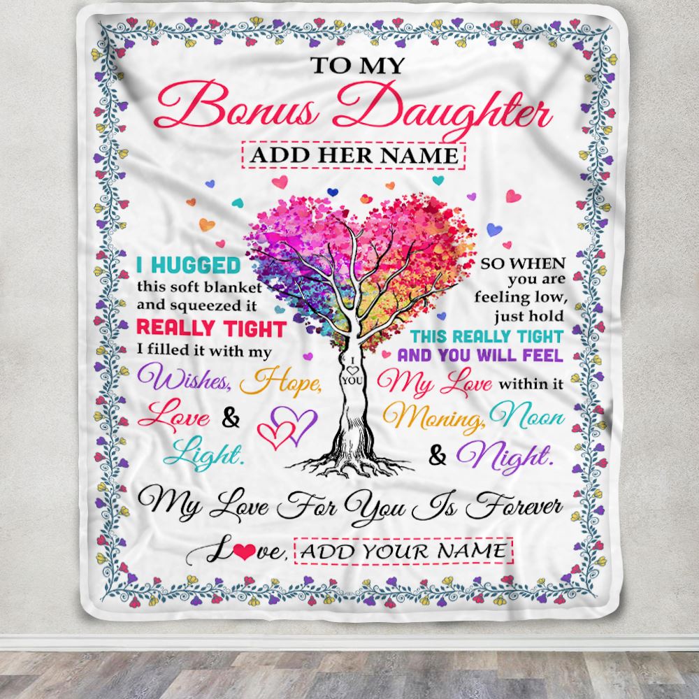Personalized To My Bonus Daughter Gifts From Stepmom Stepdad Hugged Blanket Birthday Gifts For Stepdaughter Graduation Christmas Fleece Blanket | teecentury