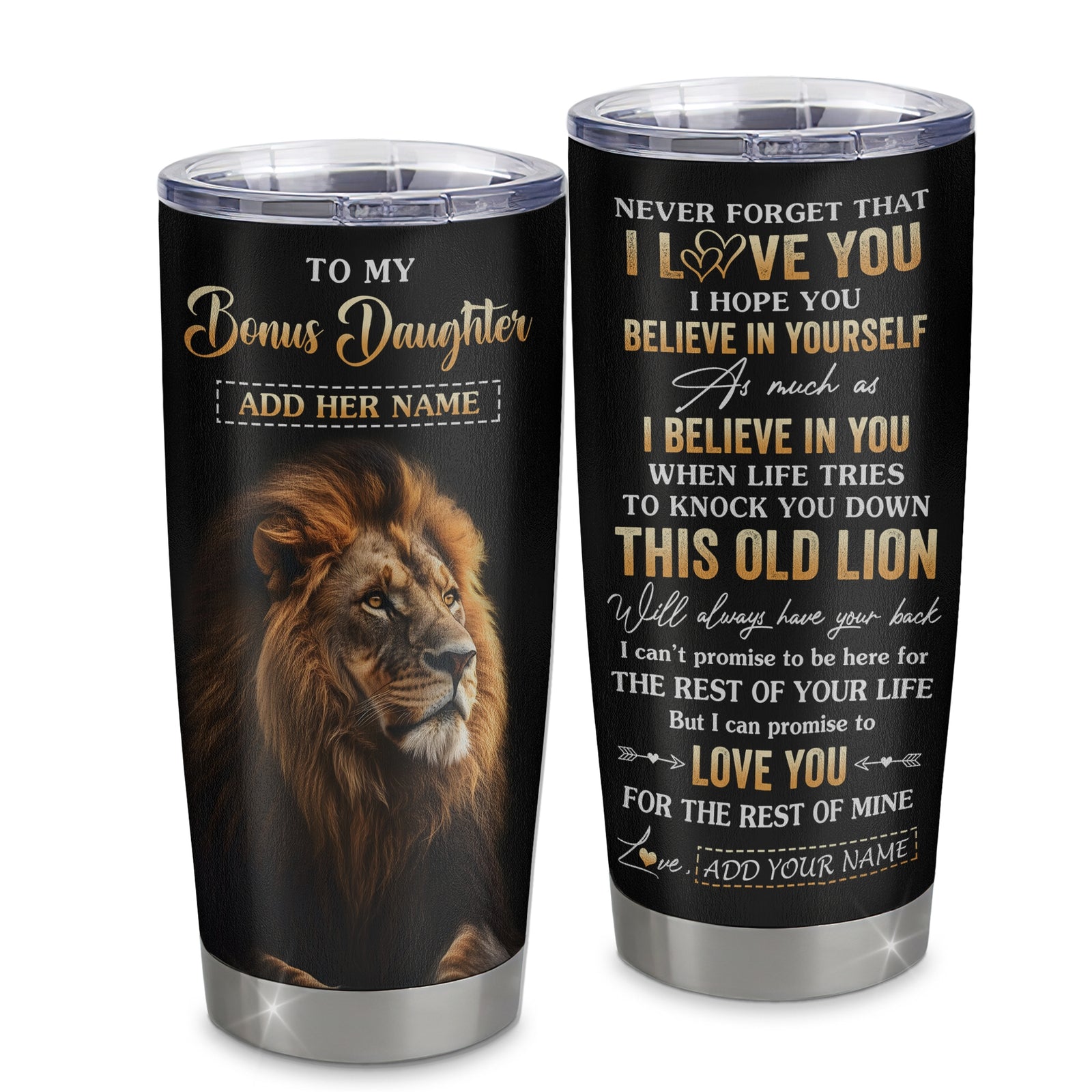 Personalized To My Bonus Daughter Gifts From Stepmom Stepdad Tumbler Old Lion Love You Stepdaughter Birthday Gifts Graduation Christmas Custom Cup Travel Mug | teecentury
