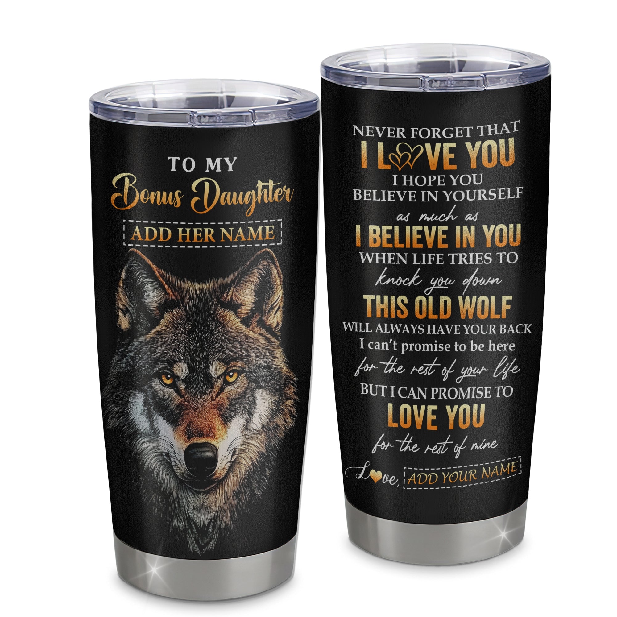 Personalized To My Bonus Daughter Gifts From Stepmom Stepdad Tumbler Old Wolf Love You Stepdaughter Birthday Gifts Graduation Christmas Custom Cup Travel Mug | teecentury