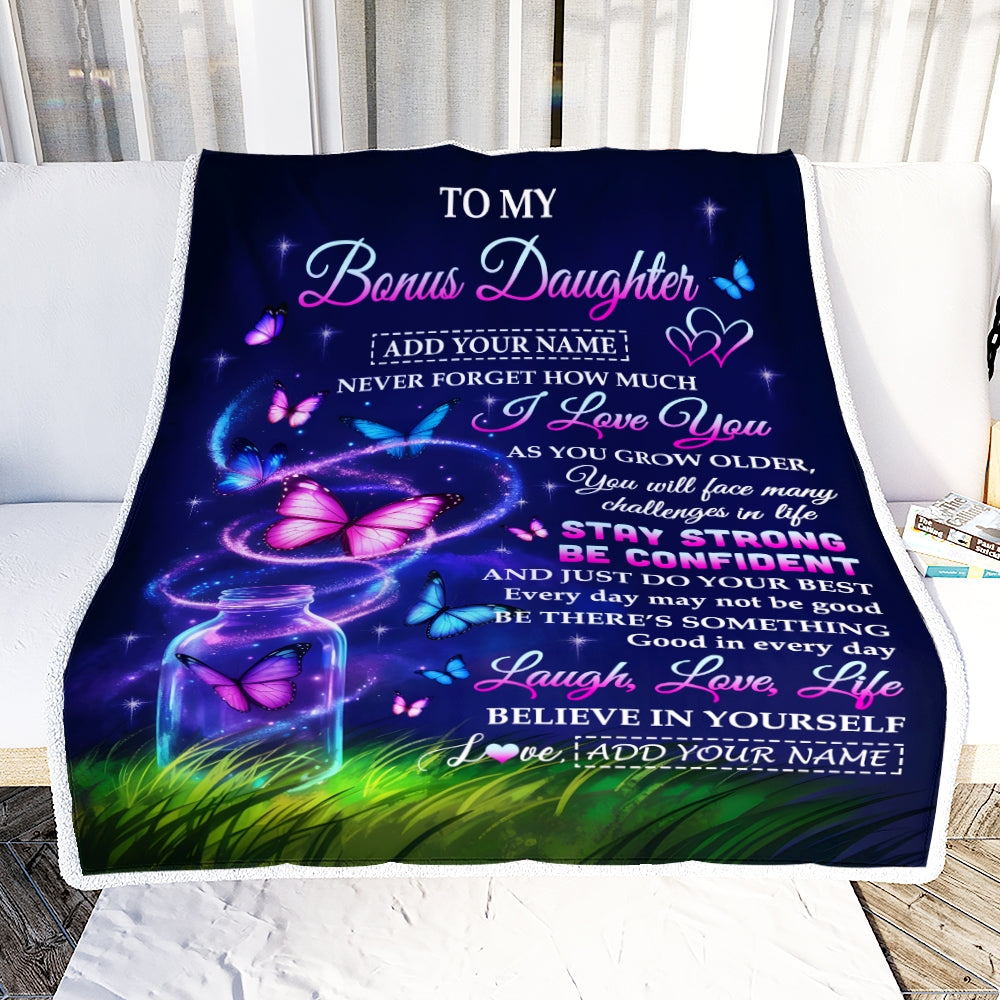 Personalized To My Bonus Daughter Gifts From Stepmother Blanket Butterfly I Love You Great Birthday Gifts For Stepdaughter Christmas Custom Fleece Blanket | teecentury