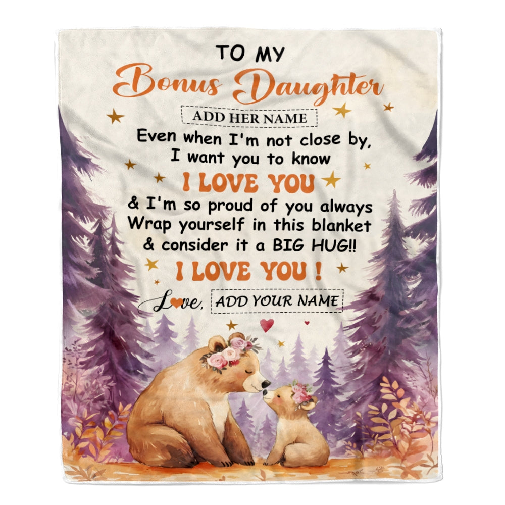 Personalized To My Bonus Daughter Gifts From Stepmother Blanket Kiss Bear I Love You Stepdaughter Birthday Gift Valentines Christmas Custom Fleece Blanket | teecentury