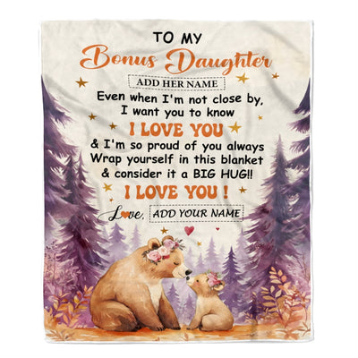 Personalized To My Bonus Daughter Gifts From Stepmother Blanket Kiss Bear I Love You Stepdaughter Birthday Gift Valentines Christmas Custom Fleece Blanket | teecentury