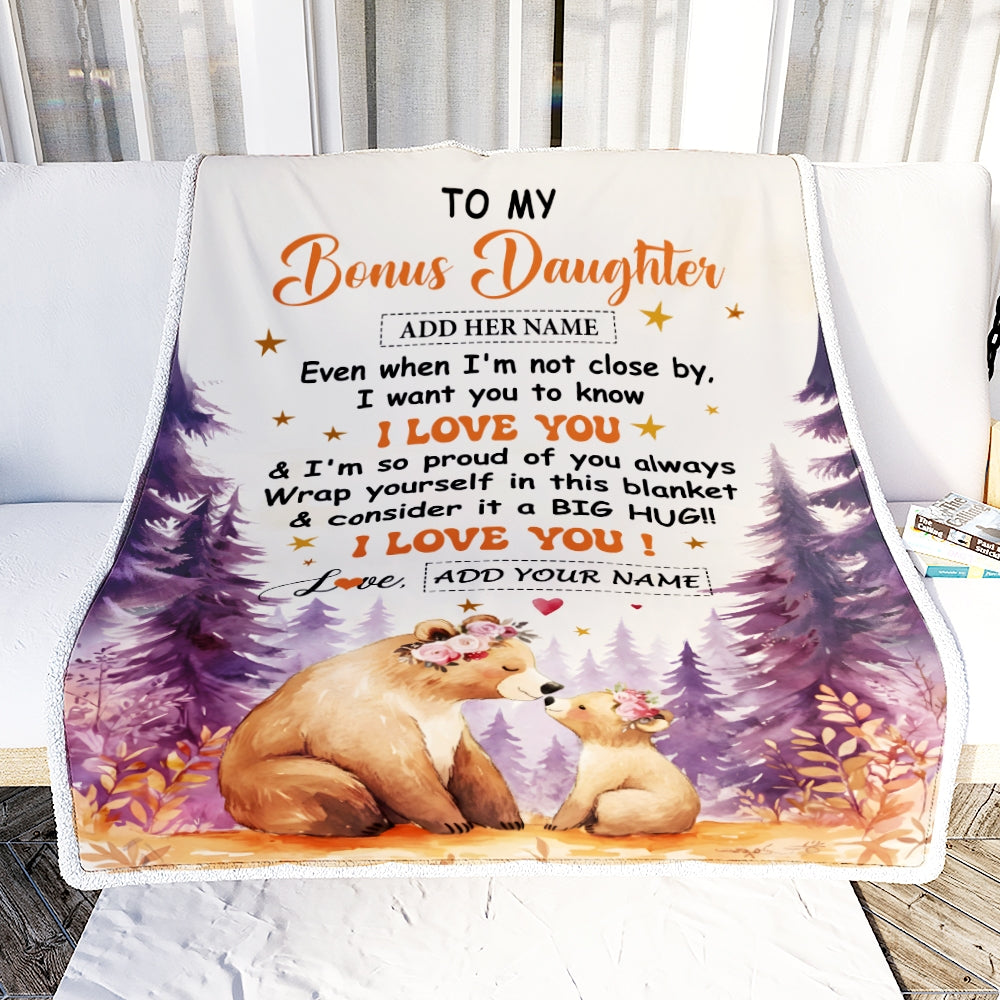 Personalized To My Bonus Daughter Gifts From Stepmother Blanket Kiss Bear I Love You Stepdaughter Birthday Gift Valentines Christmas Custom Fleece Blanket | teecentury