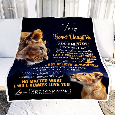 Personalized To My Bonus Daughter Gifts From Stepmother Blanket Lion Never Feel Alone Birthday Gifts Stepdaughter Valentines Christmas Custom Fleece Blanket | teecentury