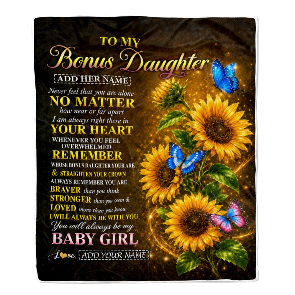 Personalized To My Bonus Daughter Gifts From Stepmother Blanket Sunflower Butterfly Inspirational Birthday Gift For Stepdaughter Christmas Fleece Blanket | teecentury
