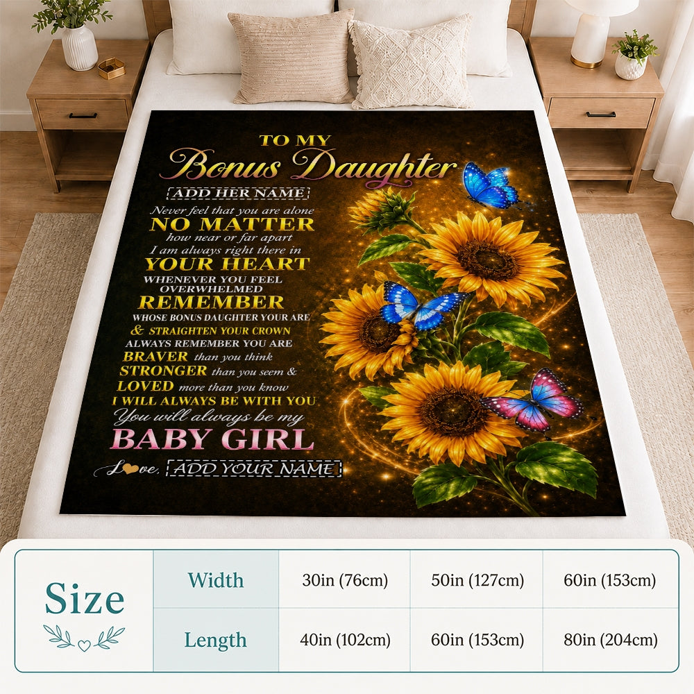 Personalized To My Bonus Daughter Gifts From Stepmother Blanket Sunflower Butterfly Inspirational Birthday Gift For Stepdaughter Christmas Fleece Blanket | teecentury