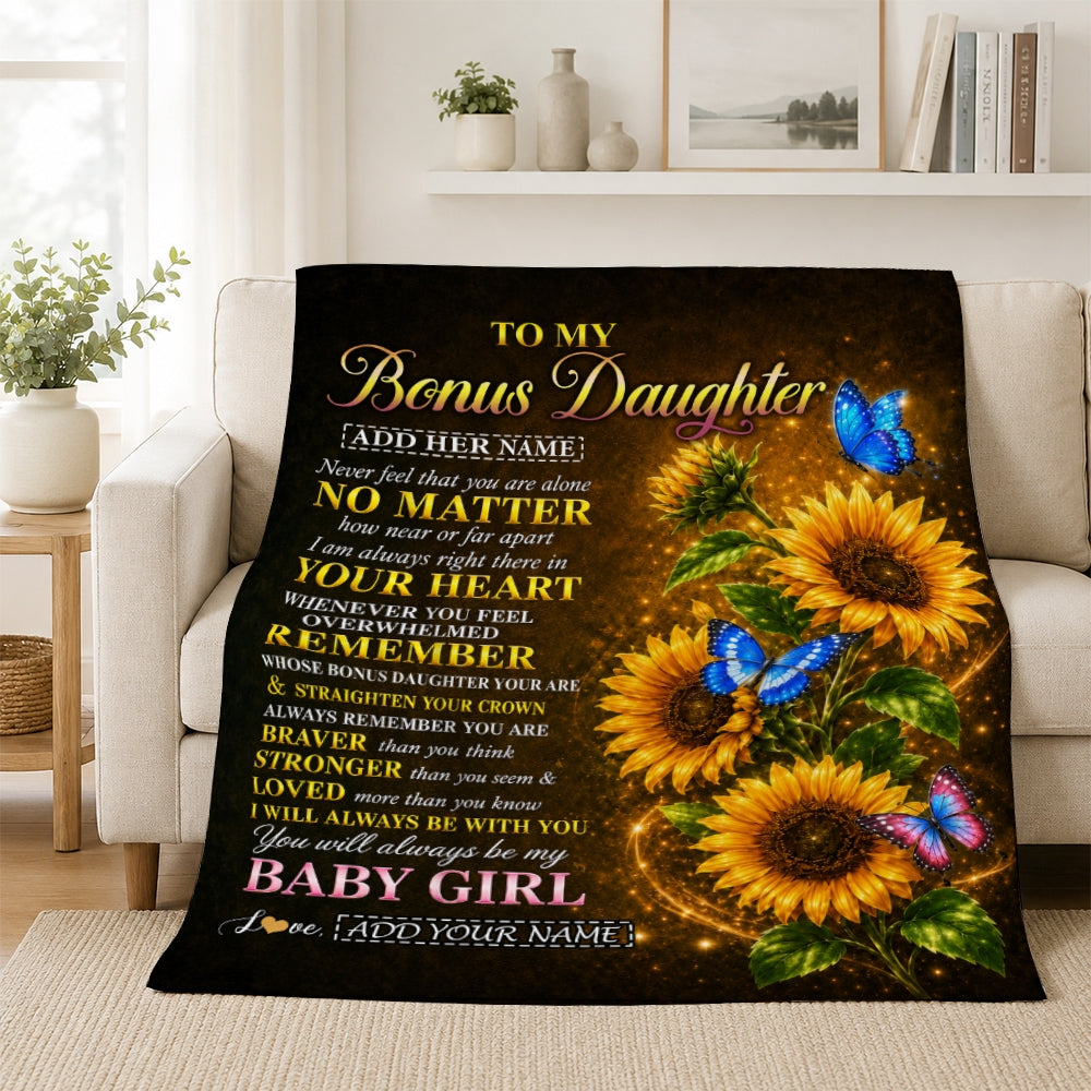 Personalized To My Bonus Daughter Gifts From Stepmother Blanket Sunflower Butterfly Inspirational Birthday Gift For Stepdaughter Christmas Fleece Blanket | teecentury