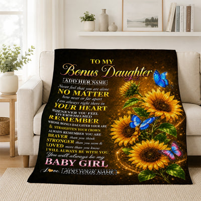 Personalized To My Bonus Daughter Gifts From Stepmother Blanket Sunflower Butterfly Inspirational Birthday Gift For Stepdaughter Christmas Fleece Blanket | teecentury
