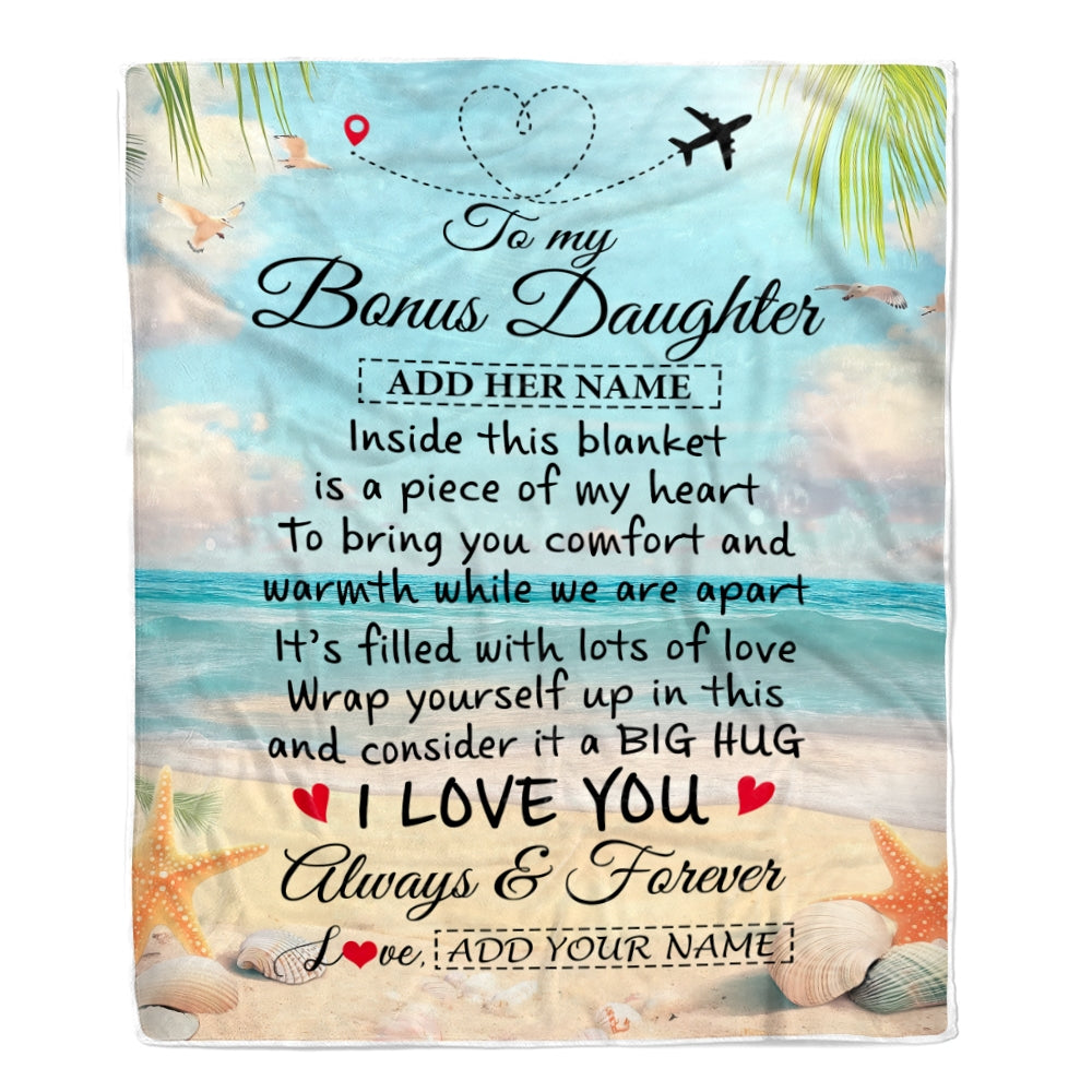 Personalized To My Bonus Daughter Gifts From Stepmother Dad Blanket Beach I Love You Birthday Gifts Graduation For Stepdaughter Christmas Fleece Blanket | teecentury