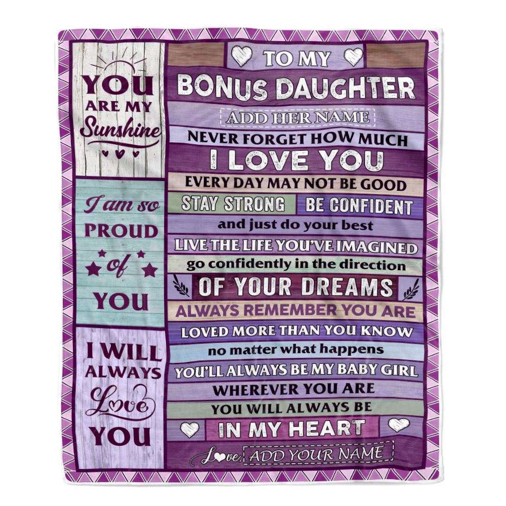 Personalized To My Bonus Daughter Gifts From Stepmother Dad Blanket Wood Purple Gifts Grown Stepdaughter Birthday Gifts Graduation Christmas Fleece Blanket | teecentury