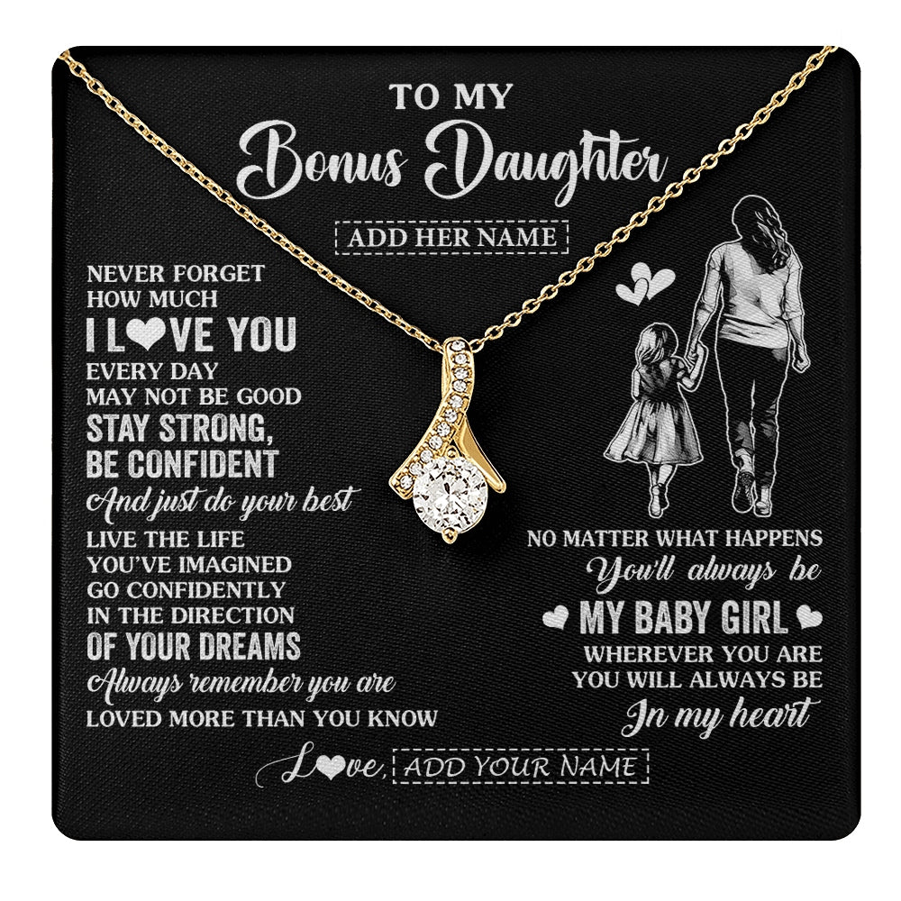 Alluring Beauty Necklace 18K Yellow Gold Finish | 1 | Personalized To My Bonus Daughter Gifts From Stepmother Necklace Never Forget How Much I Love You Stepdaughter Birthday Christmas Custom Gift Box Message Card | https://teecentury.