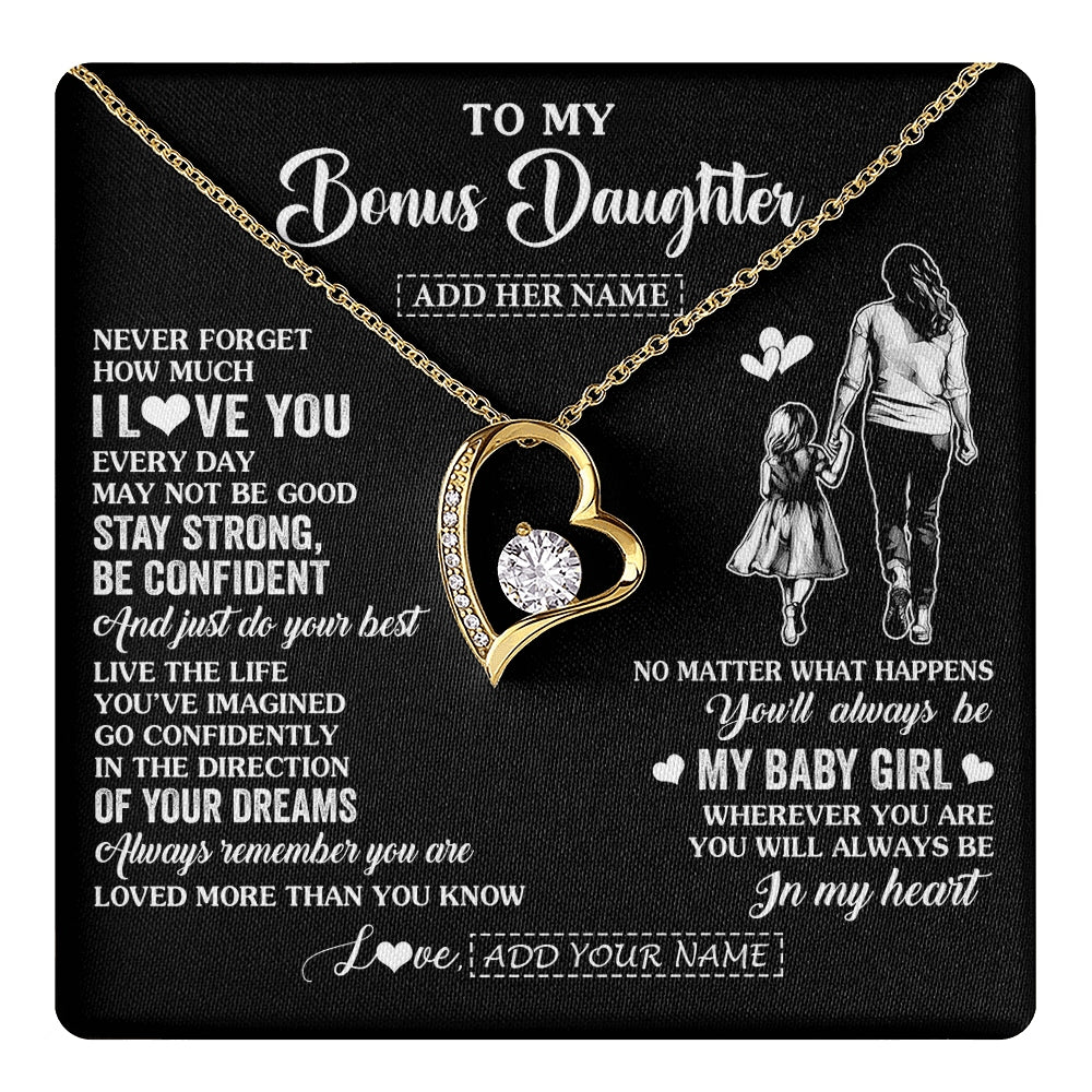 Forever Love Necklace 18K Yellow Gold Finish | 1 | Personalized To My Bonus Daughter Gifts From Stepmother Necklace Never Forget How Much I Love You Stepdaughter Birthday Christmas Custom Gift Box Message Card | https://teecentury.