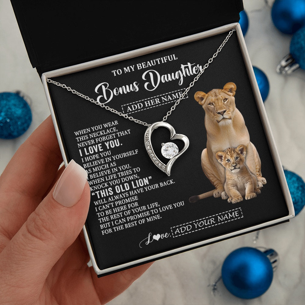 Forever Love Necklace 14K White Gold Finish | 2 | Personalized To My Bonus Daughter Gifts From Stepmother Necklace This Old Lion Love You Stepdaughter Birthday Gifts Graduation Christmas Gift Box Message Card | https://teecentury.