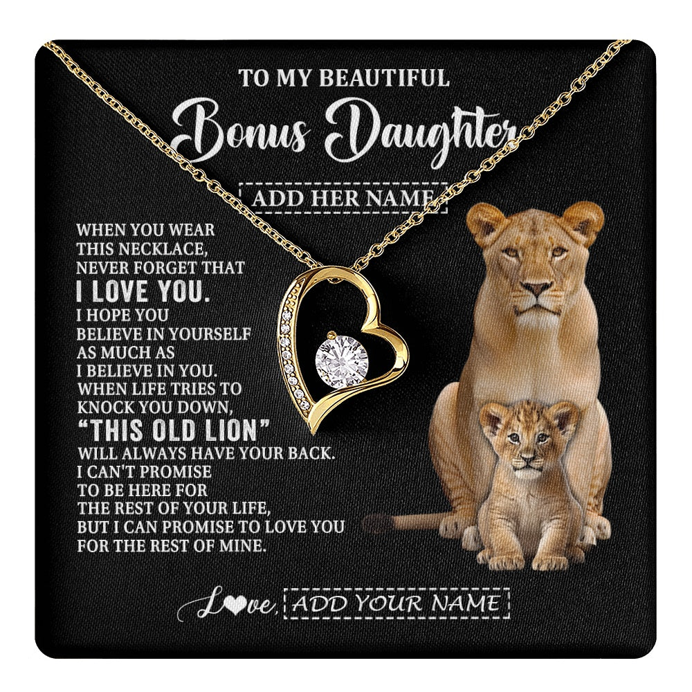 Forever Love Necklace 18K Yellow Gold Finish | 1 | Personalized To My Bonus Daughter Gifts From Stepmother Necklace This Old Lion Love You Stepdaughter Birthday Gifts Graduation Christmas Gift Box Message Card | https://teecentury.