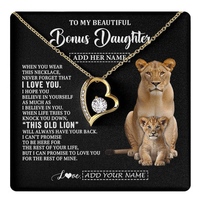 Forever Love Necklace 18K Yellow Gold Finish | 1 | Personalized To My Bonus Daughter Gifts From Stepmother Necklace This Old Lion Love You Stepdaughter Birthday Gifts Graduation Christmas Gift Box Message Card | https://teecentury.