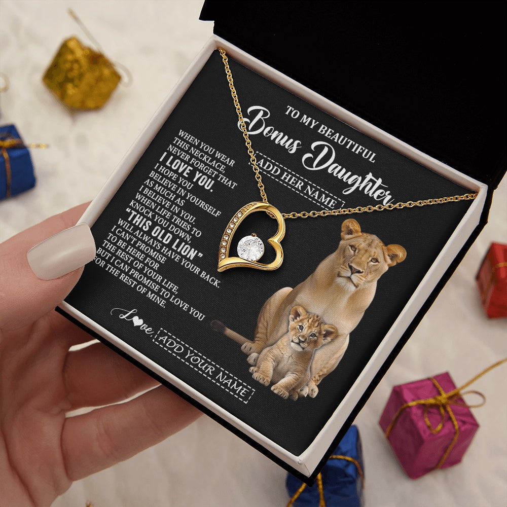 Forever Love Necklace 18K Yellow Gold Finish | 2 | Personalized To My Bonus Daughter Gifts From Stepmother Necklace This Old Lion Love You Stepdaughter Birthday Gifts Graduation Christmas Gift Box Message Card | https://teecentury.