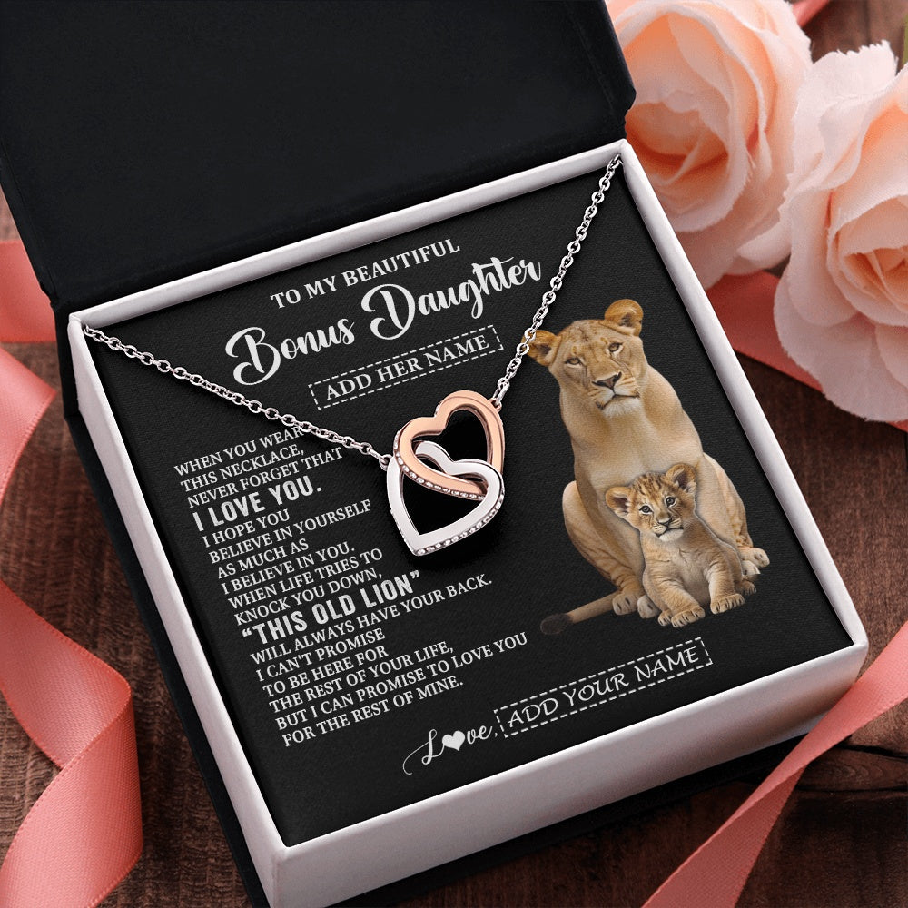 Interlocking Hearts Necklace Stainless Steel & Rose Gold Finish | 2 | Personalized To My Bonus Daughter Gifts From Stepmother Necklace This Old Lion Love You Stepdaughter Birthday Gifts Graduation Christmas Gift Box Message Card | https://teecentury.