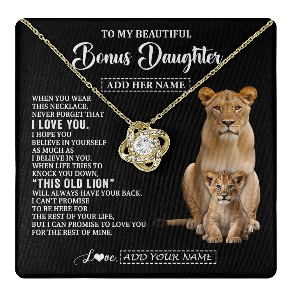 Love Knot Necklace 18K Yellow Gold Finish | 1 | Personalized To My Bonus Daughter Gifts From Stepmother Necklace This Old Lion Love You Stepdaughter Birthday Gifts Graduation Christmas Gift Box Message Card | https://teecentury.