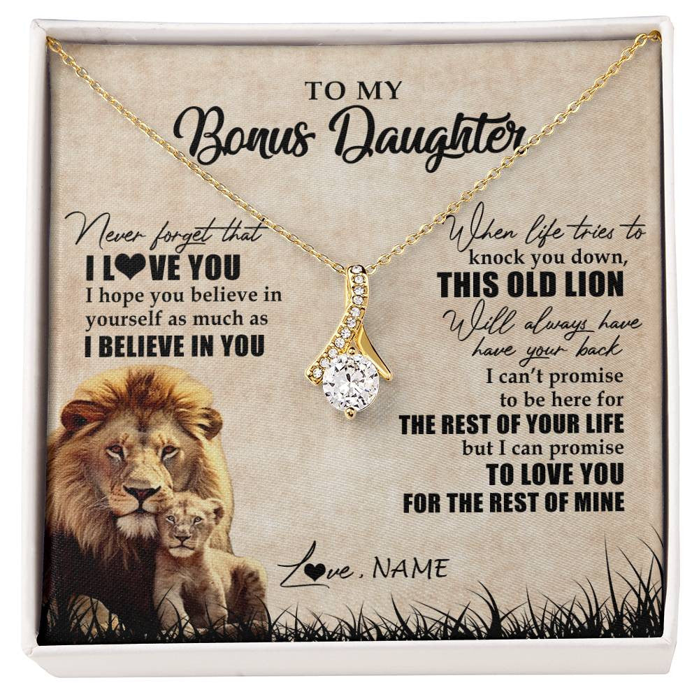 Alluring Beauty Necklace 18K Yellow Gold Finish | Personalized To My Bonus Daughter Gifts Necklace From Bonus Dad Old Lion Stepdaughter Jewelry Birthday Graduation Christmas Customized Gift Box Message Card | teecentury
