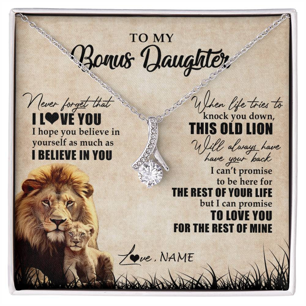 Alluring Beauty Necklace 14K White Gold Finish | Personalized To My Bonus Daughter Gifts Necklace From Bonus Dad Old Lion Stepdaughter Jewelry Birthday Graduation Christmas Customized Gift Box Message Card | teecentury
